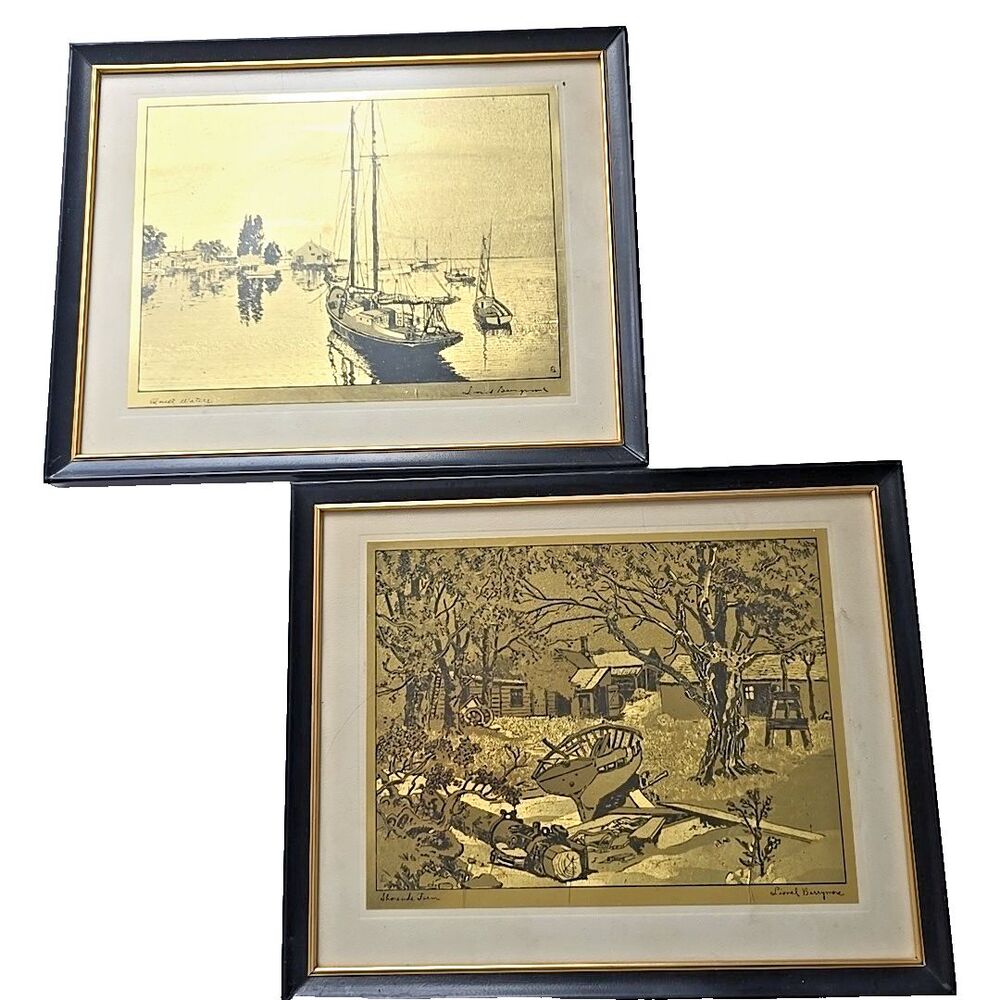 Lionel Barrymore Quiet Waters Shoreside Farm Gold Tone Prints Framed Set of 2